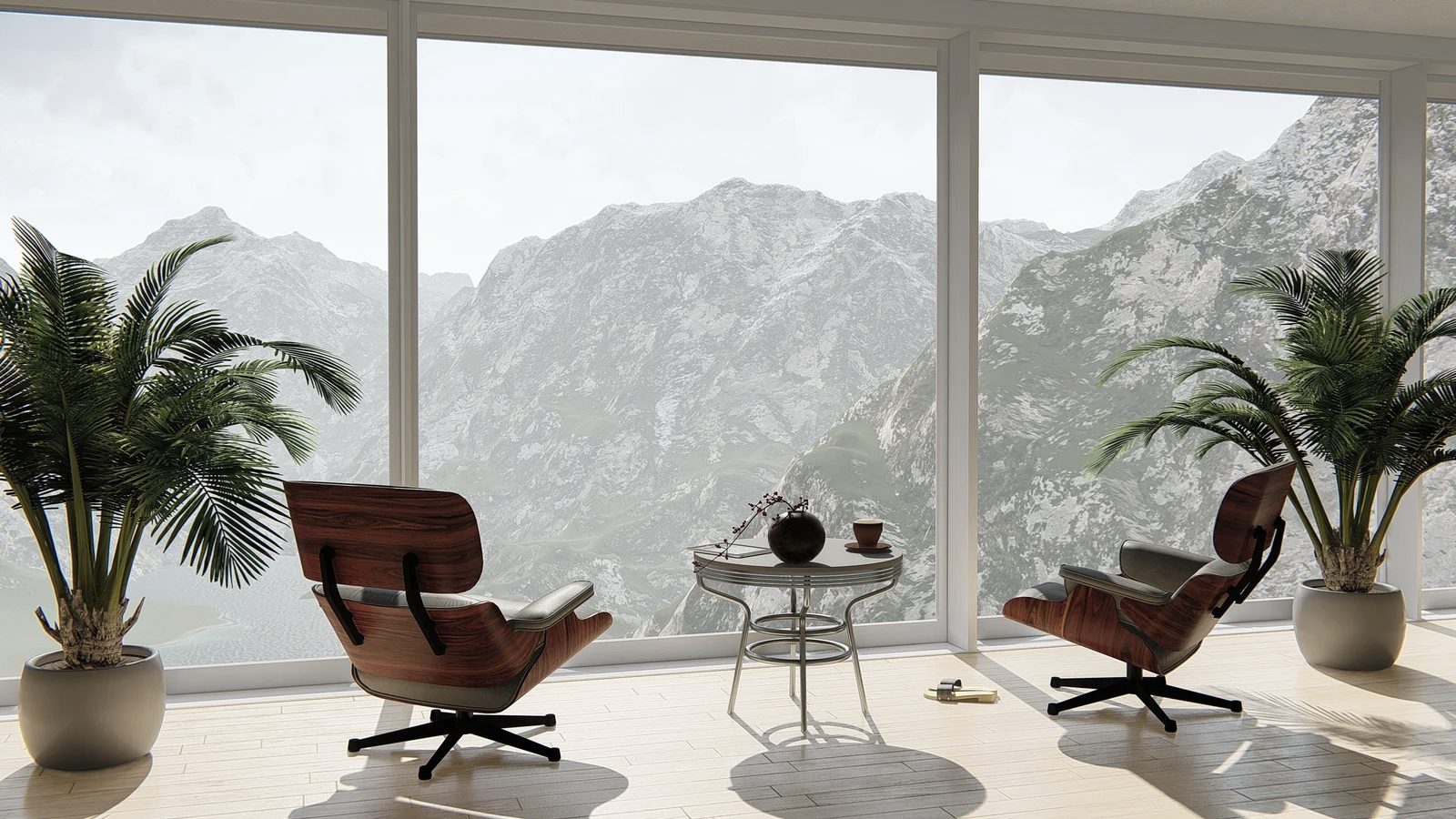 Modern lounge with mountain view